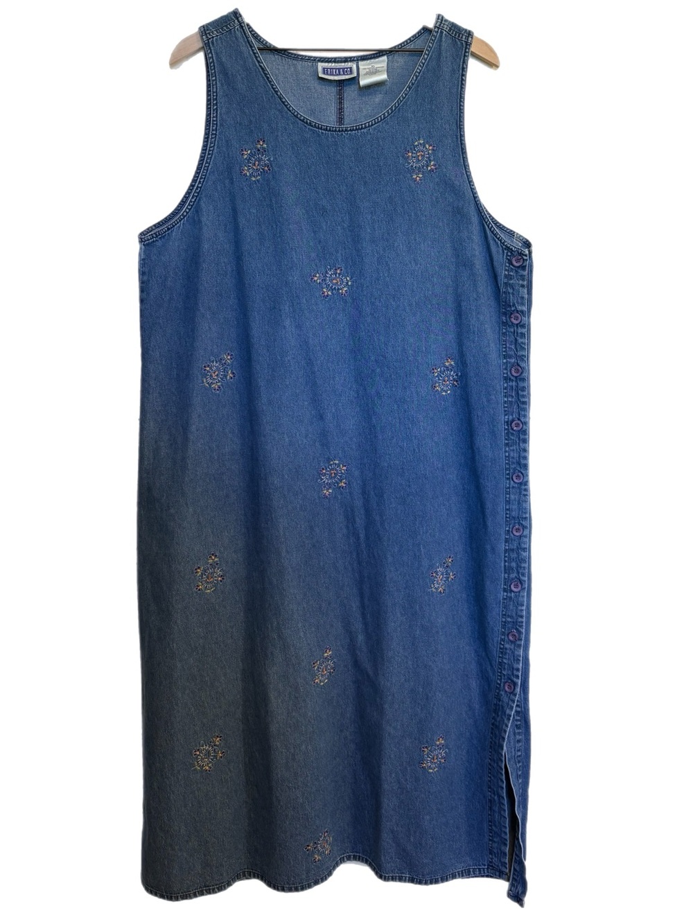 Vintage Floral Embroidered Denim Jumper  Dark Wash Dress Side Button